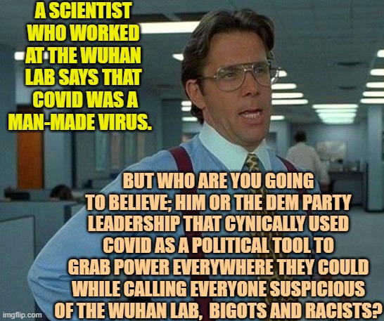 Now THAT's a head scratcher.  Decisions . . . decisions. | A SCIENTIST WHO WORKED AT THE WUHAN LAB SAYS THAT  COVID WAS A MAN-MADE VIRUS. BUT WHO ARE YOU GOING TO BELIEVE; HIM OR THE DEM PARTY LEADERSHIP THAT CYNICALLY USED COVID AS A POLITICAL TOOL TO GRAB POWER EVERYWHERE THEY COULD WHILE CALLING EVERYONE SUSPICIOUS OF THE WUHAN LAB,  BIGOTS AND RACISTS? | image tagged in that would be great | made w/ Imgflip meme maker