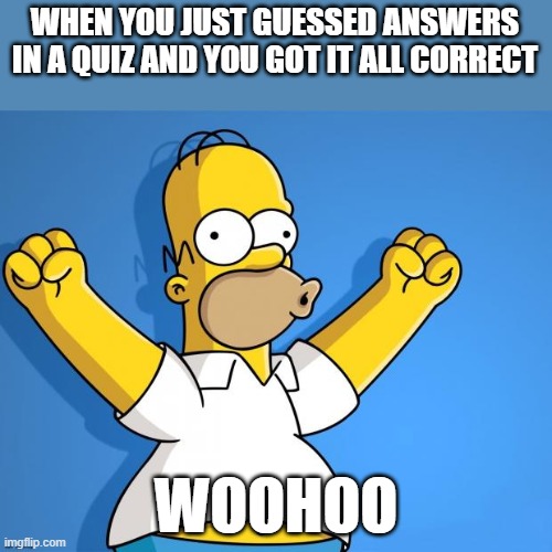 happened *cheers* | WHEN YOU JUST GUESSED ANSWERS IN A QUIZ AND YOU GOT IT ALL CORRECT; WOOHOO | image tagged in woohoo homer simpson | made w/ Imgflip meme maker