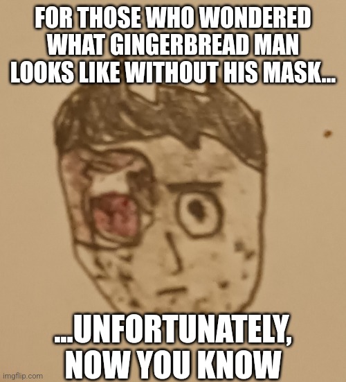 FOR THOSE WHO WONDERED WHAT GINGERBREAD MAN LOOKS LIKE WITHOUT HIS MASK... ...UNFORTUNATELY, NOW YOU KNOW | image tagged in gingerbread man | made w/ Imgflip meme maker