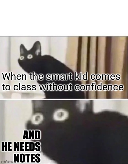 Oh | When the smart kid comes to class without confidence; AND HE NEEDS NOTES | image tagged in oh no black cat | made w/ Imgflip meme maker