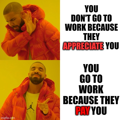 What We Have Here Is A Failure To Communicate | YOU DON'T GO TO WORK BECAUSE THEY APPRECIATE YOU; YOU GO TO WORK BECAUSE THEY PAY YOU; APPRECIATE; PAY | image tagged in memes,drake hotline bling,you ruined everything,kids these days,back in the day,dumbasses | made w/ Imgflip meme maker