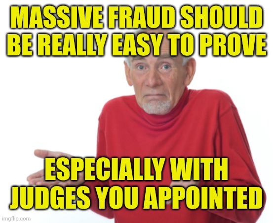 Guess I'll die  | MASSIVE FRAUD SHOULD BE REALLY EASY TO PROVE ESPECIALLY WITH JUDGES YOU APPOINTED | image tagged in guess i'll die | made w/ Imgflip meme maker