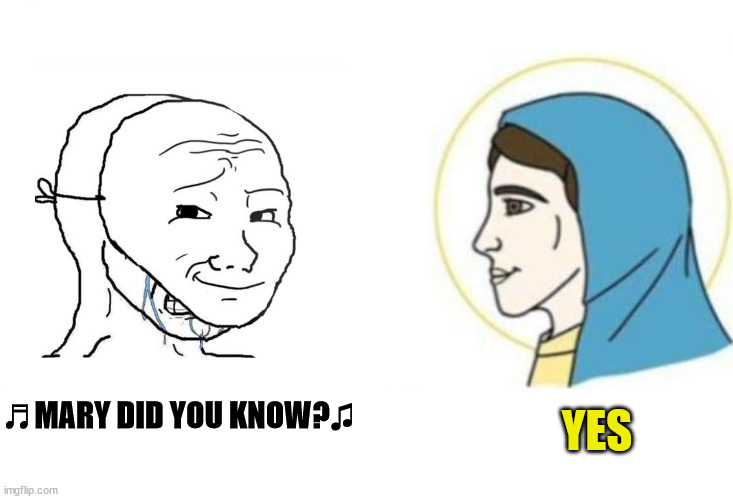 Mary, did you know? | YES; ♬MARY DID YOU KNOW?♫ | image tagged in wojak aruing,dank,christian,memes,r/dankchristianmemes | made w/ Imgflip meme maker