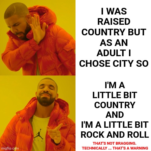 And I Know How To Use Them Both | I'M A LITTLE BIT COUNTRY
AND
I'M A LITTLE BIT ROCK AND ROLL; I WAS RAISED COUNTRY BUT AS AN ADULT I CHOSE CITY SO; THAT'S NOT BRAGGING.  TECHNICALLY ... THAT'S A WARNING | image tagged in memes,drake hotline bling,little bit country,little bit rock and roll,best of both worlds,city vs country | made w/ Imgflip meme maker