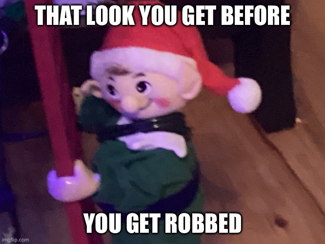 my creepy christmas decoration! | THAT LOOK YOU GET BEFORE; YOU GET ROBBED | image tagged in elf deathstare | made w/ Imgflip meme maker
