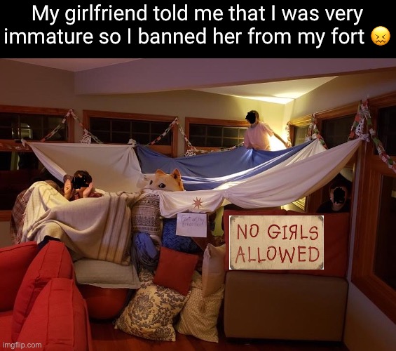 Gotta show her who’s boss! |  My girlfriend told me that I was very immature so I banned her from my fort 😖 | image tagged in eyeroll | made w/ Imgflip meme maker
