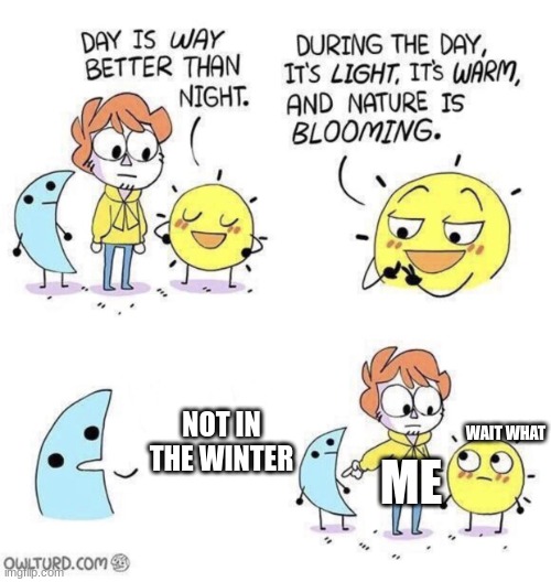 happy December everyone :D | NOT IN THE WINTER; WAIT WHAT; ME | image tagged in the day is better than night | made w/ Imgflip meme maker