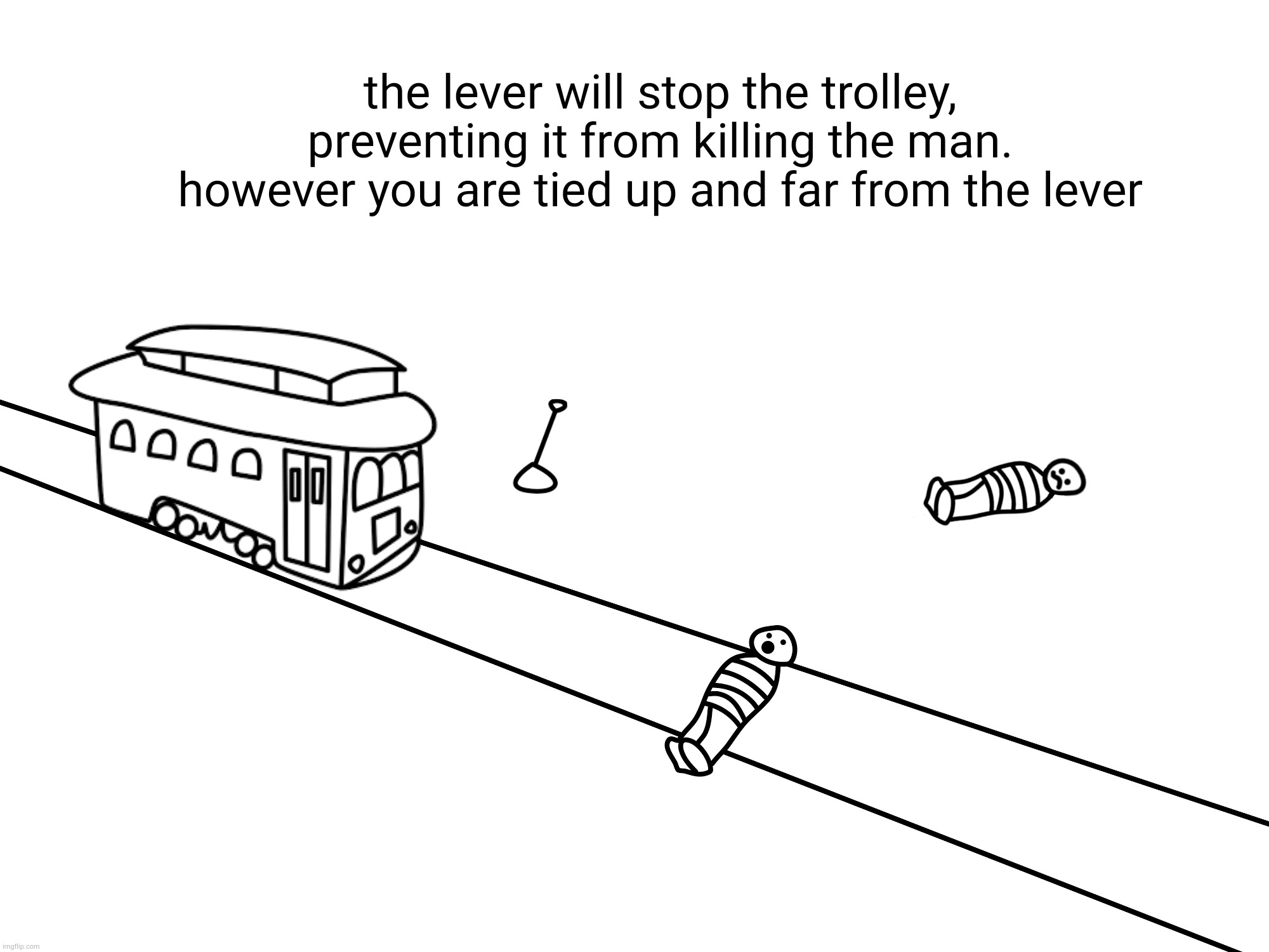 Another trolley problem because I like torturing poorly drawn people by making them get hit by a trolley | image tagged in trolley problem | made w/ Imgflip meme maker