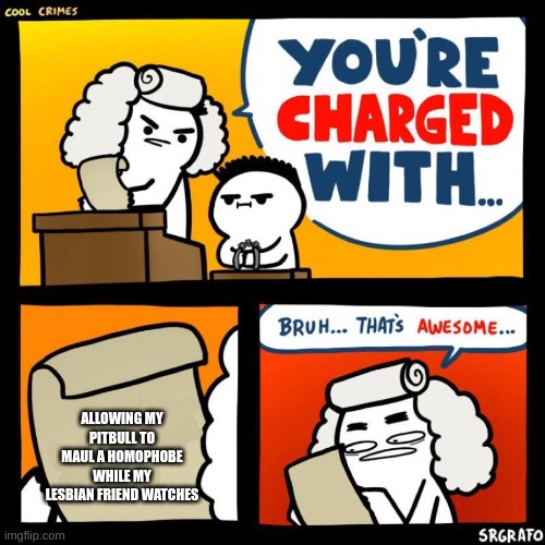 cool crimes | ALLOWING MY PITBULL TO MAUL A HOMOPHOBE WHILE MY LESBIAN FRIEND WATCHES | image tagged in cool crimes,pitbulls | made w/ Imgflip meme maker