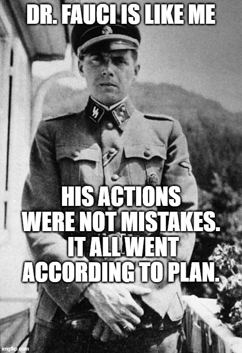 Joseph Mengele | DR. FAUCI IS LIKE ME HIS ACTIONS WERE NOT MISTAKES.  IT ALL WENT ACCORDING TO PLAN. | image tagged in joseph mengele | made w/ Imgflip meme maker