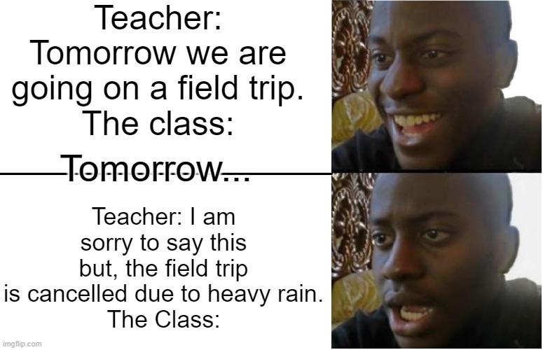 I was so excited for the field trip... | Teacher: Tomorrow we are going on a field trip.
The class:; Teacher: I am sorry to say this but, the field trip is cancelled due to heavy rain.
The Class:; Tomorrow... | image tagged in disappointed black guy,memes,field trip | made w/ Imgflip meme maker