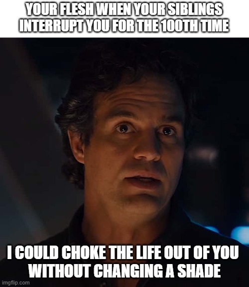 don't yell, don't yell | YOUR FLESH WHEN YOUR SIBLINGS INTERRUPT YOU FOR THE 100TH TIME; I COULD CHOKE THE LIFE OUT OF YOU 
WITHOUT CHANGING A SHADE | image tagged in bruce banner,religion | made w/ Imgflip meme maker