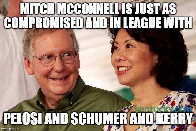 mitch mcconnell and his wife | MITCH MCCONNELL IS JUST AS COMPROMISED AND IN LEAGUE WITH PELOSI AND SCHUMER AND KERRY | image tagged in mitch mcconnell and his wife | made w/ Imgflip meme maker