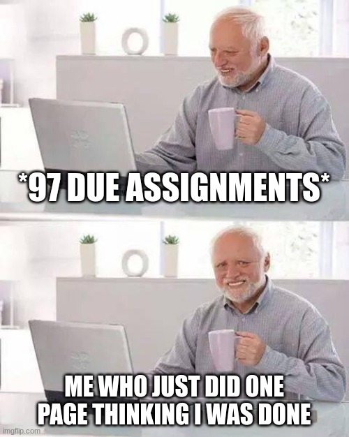 But why does this happen so much? | *97 DUE ASSIGNMENTS*; ME WHO JUST DID ONE PAGE THINKING I WAS DONE | image tagged in memes,hide the pain harold,funny,fun,funny memes,school | made w/ Imgflip meme maker