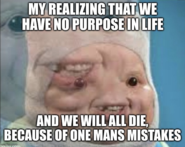 Funni | MY REALIZING THAT WE HAVE NO PURPOSE IN LIFE; AND WE WILL ALL DIE, BECAUSE OF ONE MANS MISTAKES | image tagged in realistic finn | made w/ Imgflip meme maker