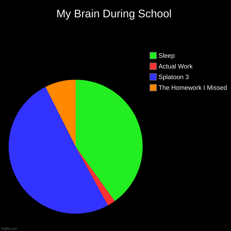 My Brain During School | The Homework I Missed, Splatoon 3, Actual Work, Sleep | image tagged in charts,pie charts | made w/ Imgflip chart maker