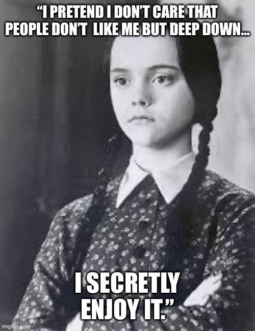 Wednesday Addams | “I PRETEND I DON’T CARE THAT PEOPLE DON’T  LIKE ME BUT DEEP DOWN…; I SECRETLY ENJOY IT.” | image tagged in wednesday addams | made w/ Imgflip meme maker