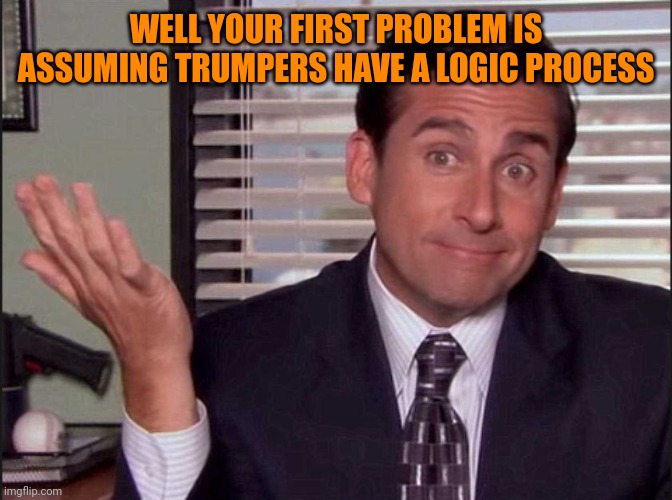Michael Scott | WELL YOUR FIRST PROBLEM IS ASSUMING TRUMPERS HAVE A LOGIC PROCESS | image tagged in michael scott | made w/ Imgflip meme maker