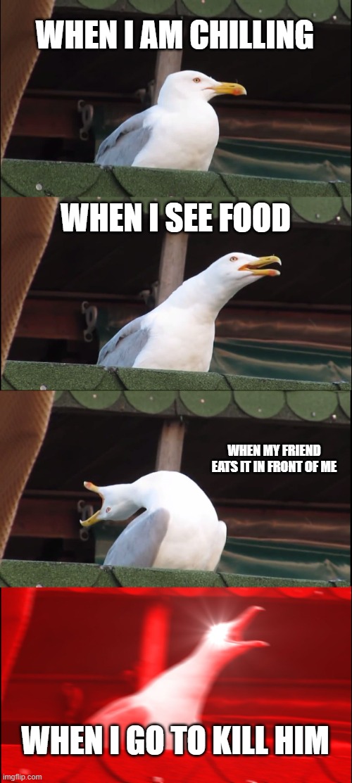 Inhaling Seagull Meme | WHEN I AM CHILLING; WHEN I SEE FOOD; WHEN MY FRIEND EATS IT IN FRONT OF ME; WHEN I GO TO KILL HIM | image tagged in memes,inhaling seagull | made w/ Imgflip meme maker