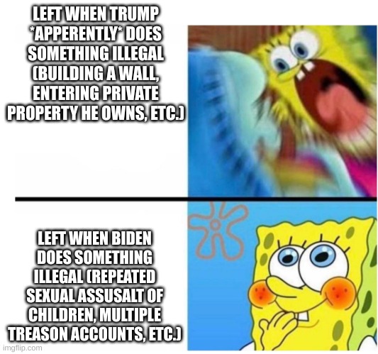 spongebob angry cute | LEFT WHEN TRUMP *APPERENTLY* DOES SOMETHING ILLEGAL (BUILDING A WALL, ENTERING PRIVATE PROPERTY HE OWNS, ETC.) LEFT WHEN BIDEN DOES SOMETHIN | image tagged in spongebob angry cute | made w/ Imgflip meme maker