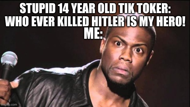 if you know then you know | STUPID 14 YEAR OLD TIK TOKER: WHO EVER KILLED HITLER IS MY HERO! ME: | image tagged in kevin heart idiot | made w/ Imgflip meme maker