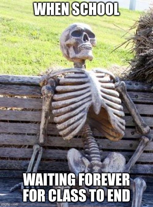 School taking forever | WHEN SCHOOL; WAITING FOREVER FOR CLASS TO END | image tagged in memes,waiting skeleton | made w/ Imgflip meme maker