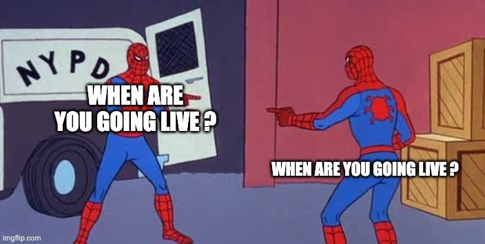 Spider Man Double | WHEN ARE YOU GOING LIVE ? WHEN ARE YOU GOING LIVE ? | image tagged in spider man double | made w/ Imgflip meme maker