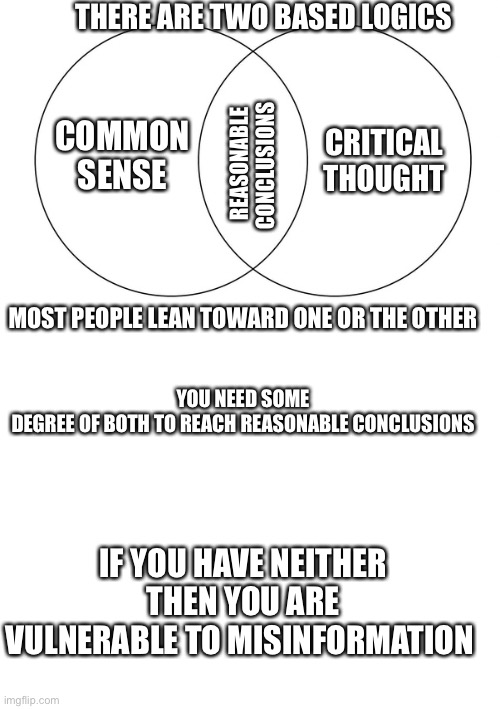 THERE ARE TWO BASED LOGICS; REASONABLE CONCLUSIONS; CRITICAL THOUGHT; COMMON SENSE; MOST PEOPLE LEAN TOWARD ONE OR THE OTHER; YOU NEED SOME DEGREE OF BOTH TO REACH REASONABLE CONCLUSIONS; IF YOU HAVE NEITHER THEN YOU ARE VULNERABLE TO MISINFORMATION | image tagged in venn diagram,blank white template | made w/ Imgflip meme maker