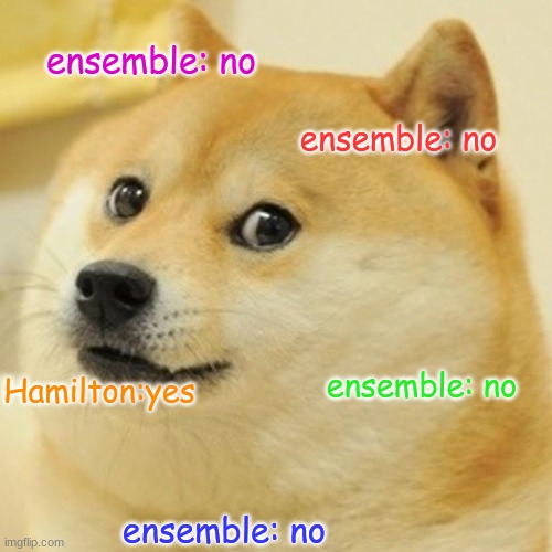 no no no no no no yes |  ensemble: no; ensemble: no; ensemble: no; Hamilton:yes; ensemble: no | image tagged in memes,doge,hamilton,lol,no | made w/ Imgflip meme maker