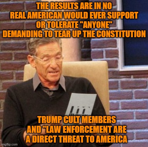 Maury Lie Detector Meme | THE RESULTS ARE IN NO REAL AMERICAN WOULD EVER SUPPORT OR TOLERATE "ANYONE" DEMANDING TO TEAR UP THE CONSTITUTION; TRUMP CULT MEMBERS AND "LAW ENFORCEMENT ARE A DIRECT THREAT TO AMERICA | image tagged in memes,maury lie detector | made w/ Imgflip meme maker