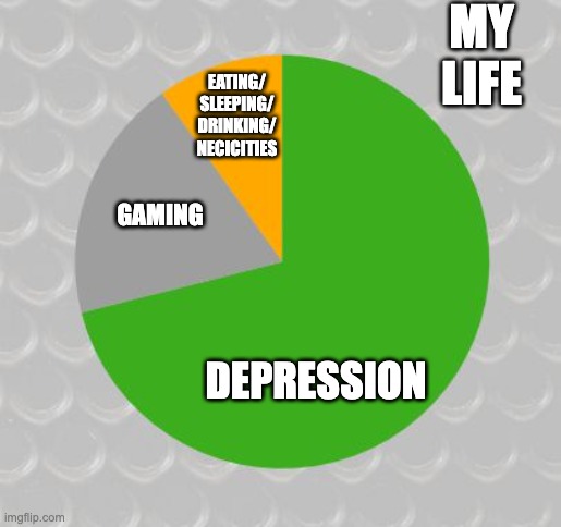 Pie chart | MY LIFE DEPRESSION GAMING EATING/ SLEEPING/ DRINKING/ NECICITIES | image tagged in pie chart | made w/ Imgflip meme maker
