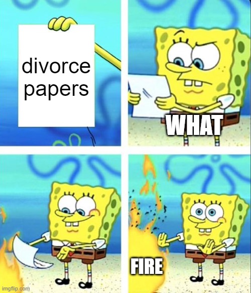 Spongebob yeet | divorce papers; WHAT; FIRE | image tagged in spongebob yeet | made w/ Imgflip meme maker