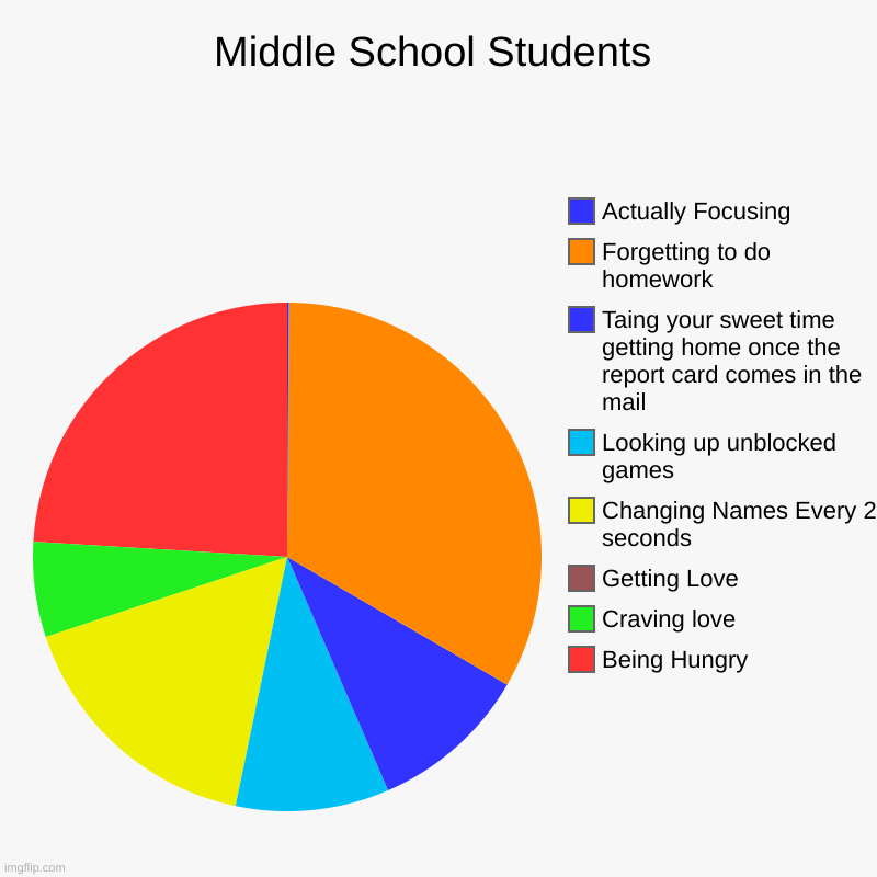 School Slander | Middle School Students | Being Hungry, Craving love, Getting Love, Changing Names Every 2 seconds, Looking up unblocked games, Taing your sw | image tagged in charts,pie charts | made w/ Imgflip chart maker