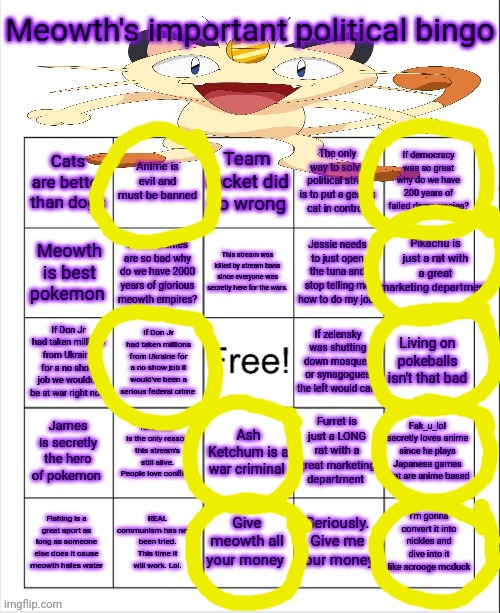 Can we impeach meowth or something? This is awful. | image tagged in meowth's bingo,meowth,for prison,2023 | made w/ Imgflip meme maker