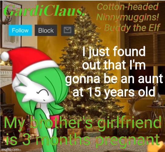 FYI my brother is 22yrs old, his gf is 24 (I'm so happy for them) | I just found out that I'm gonna be an aunt at 15 years old; My brother's girlfriend is 3 months pregnant | image tagged in gardi's christmas temp | made w/ Imgflip meme maker