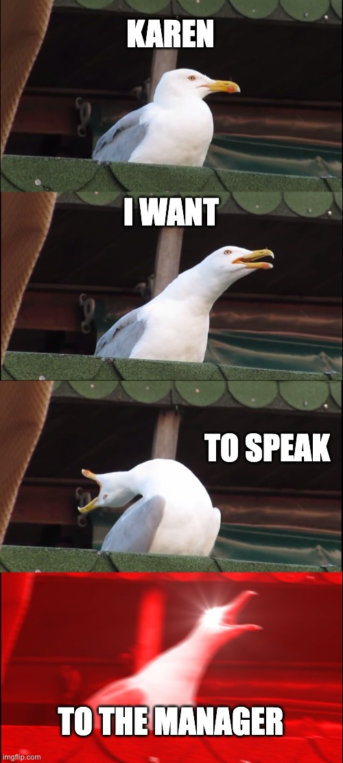 Inhaling Seagull | KAREN; I WANT; TO SPEAK; TO THE MANAGER | image tagged in memes,inhaling seagull | made w/ Imgflip meme maker