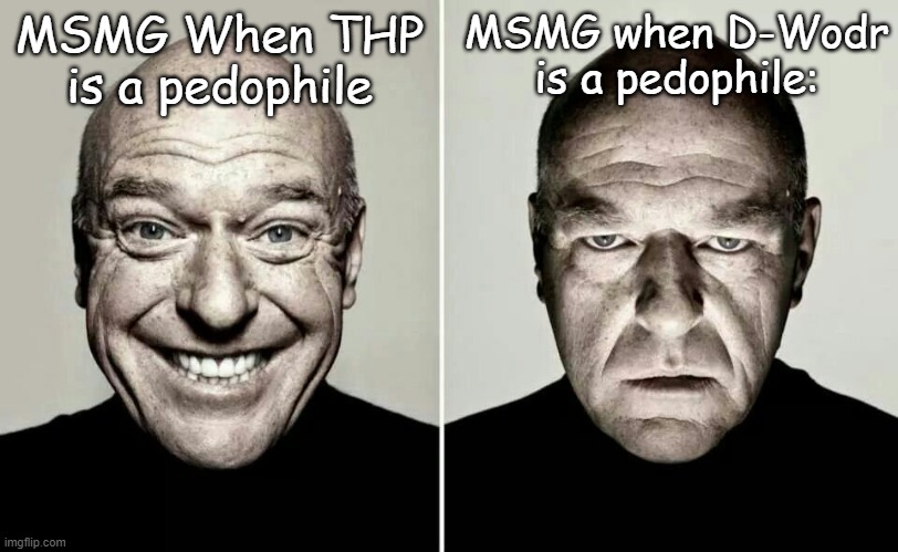 happy guy vs angry guy | MSMG When THP is a pedophile; MSMG when D-Wodr is a pedophile: | image tagged in happy guy vs angry guy | made w/ Imgflip meme maker