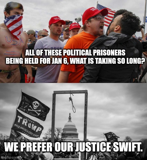 Idiots complaining about the legal process.  You want a fair trial dont ya? | ALL OF THESE POLITICAL PRISONERS BEING HELD FOR JAN 6, WHAT IS TAKING SO LONG? WE PREFER OUR JUSTICE SWIFT. | image tagged in angry red cap,capitol hill riot gallows | made w/ Imgflip meme maker