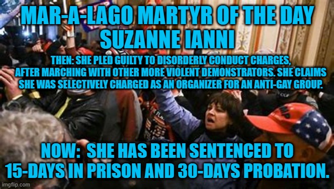 She now has a criminal record added to her list of accomplishments. | MAR-A-LAGO MARTYR OF THE DAY
SUZANNE IANNI; THEN: SHE PLED GUILTY TO DISORDERLY CONDUCT CHARGES, AFTER MARCHING WITH OTHER MORE VIOLENT DEMONSTRATORS. SHE CLAIMS SHE WAS SELECTIVELY CHARGED AS AN ORGANIZER FOR AN ANTI-GAY GROUP. NOW:  SHE HAS BEEN SENTENCED TO 15-DAYS IN PRISON AND 30-DAYS PROBATION. | image tagged in politics | made w/ Imgflip meme maker