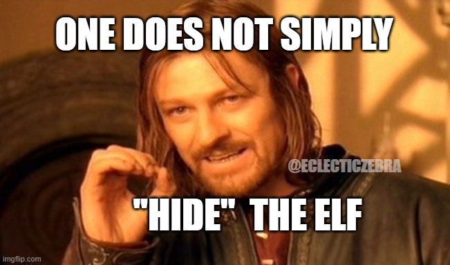 One Does Not Simply |  ONE DOES NOT SIMPLY; @ECLECTICZEBRA; "HIDE"  THE ELF | image tagged in memes,one does not simply | made w/ Imgflip meme maker