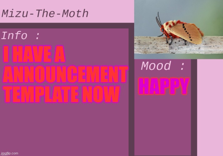 Thanks to Void-Yoine | I HAVE A ANNOUNCEMENT TEMPLATE NOW; HAPPY | image tagged in mizu-the-moth | made w/ Imgflip meme maker