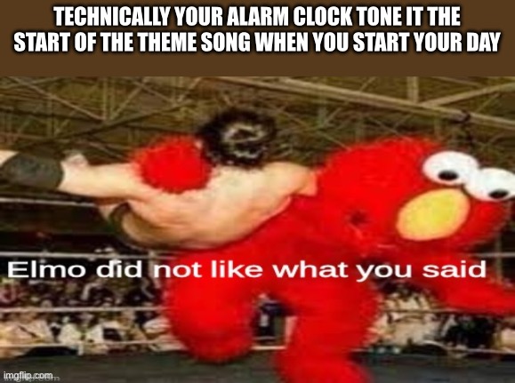Stop with the shower thoughts | TECHNICALLY YOUR ALARM CLOCK TONE IT THE START OF THE THEME SONG WHEN YOU START YOUR DAY | image tagged in elmo did not like what you said | made w/ Imgflip meme maker