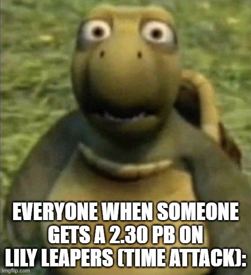 Shocked Turtle Moment. | EVERYONE WHEN SOMEONE GETS A 2.30 PB ON LILY LEAPERS (TIME ATTACK): | image tagged in shocked turtle | made w/ Imgflip meme maker