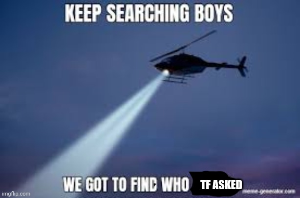 Keep Searching boys we gotta find | TF ASKED | image tagged in keep searching boys we gotta find | made w/ Imgflip meme maker