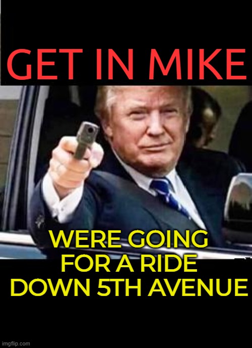 Danger Trump - With gun pistol | GET IN MIKE WERE GOING FOR A RIDE DOWN 5TH AVENUE | image tagged in danger trump - with gun pistol | made w/ Imgflip meme maker