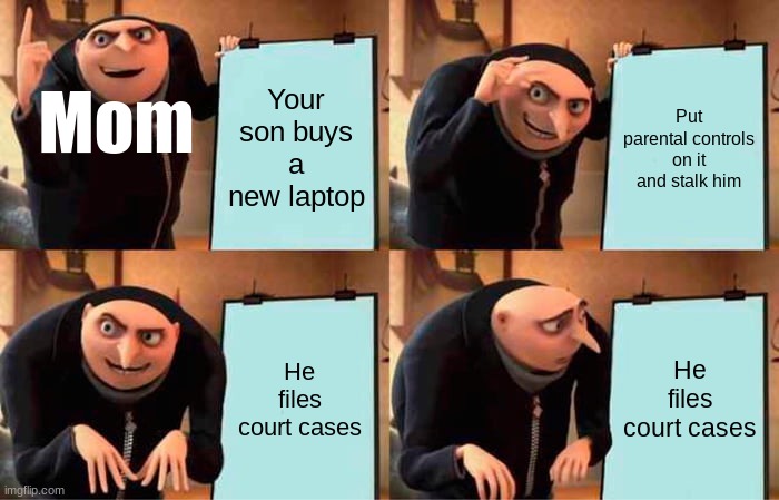 Gru's Plan | Your son buys a new laptop; Put parental controls on it and stalk him; Mom; He files court cases; He files court cases | image tagged in memes,gru's plan | made w/ Imgflip meme maker