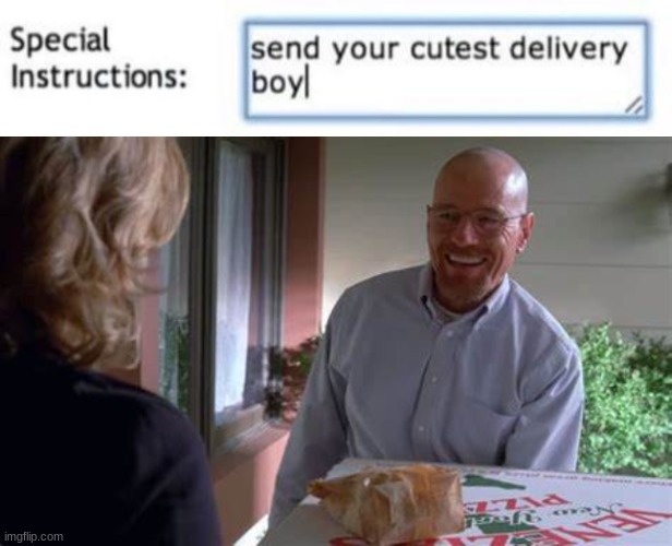 image tagged in send your cutest delivery boy,walter white pizza | made w/ Imgflip meme maker