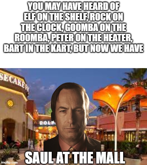 saul doogman | YOU MAY HAVE HEARD OF ELF ON THE SHELF, ROCK ON THE CLOCK, GOOMBA ON THE ROOMBA, PETER ON THE HEATER, BART IN THE KART, BUT NOW WE HAVE; SAUL AT THE MALL | image tagged in saul goodman | made w/ Imgflip meme maker