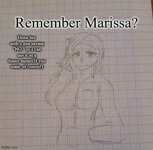 Marissa |  Remember Marissa? Draw her with a gun saying "NO." so I can use it as a funny meme(If you want, of course!) | image tagged in marissa | made w/ Imgflip meme maker