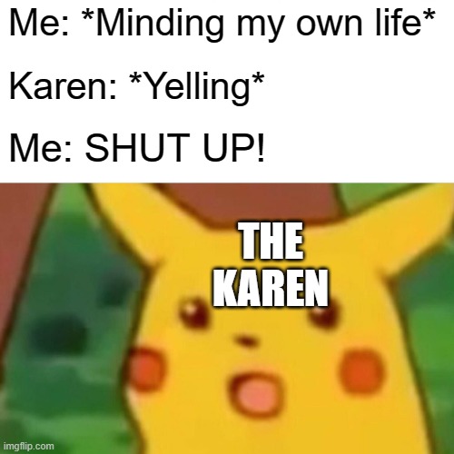 when a karen wont shut up | Me: *Minding my own life*; Karen: *Yelling*; Me: SHUT UP! THE KAREN | image tagged in memes,surprised pikachu | made w/ Imgflip meme maker